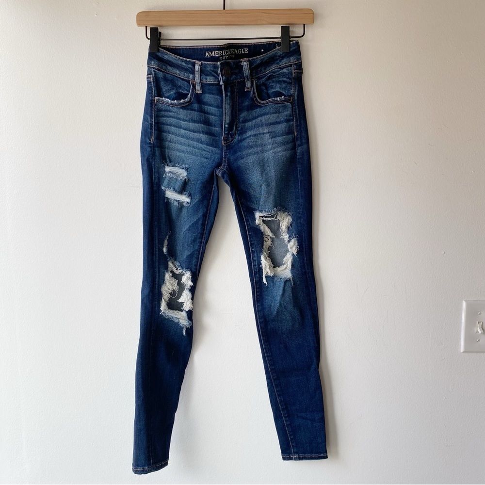 american eagle dark wash distressed jegging fit mid rise skinny jean size 2S